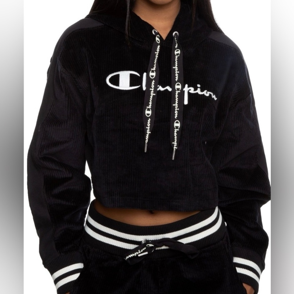 Champion Corduroy Crop Hoodie Small Black